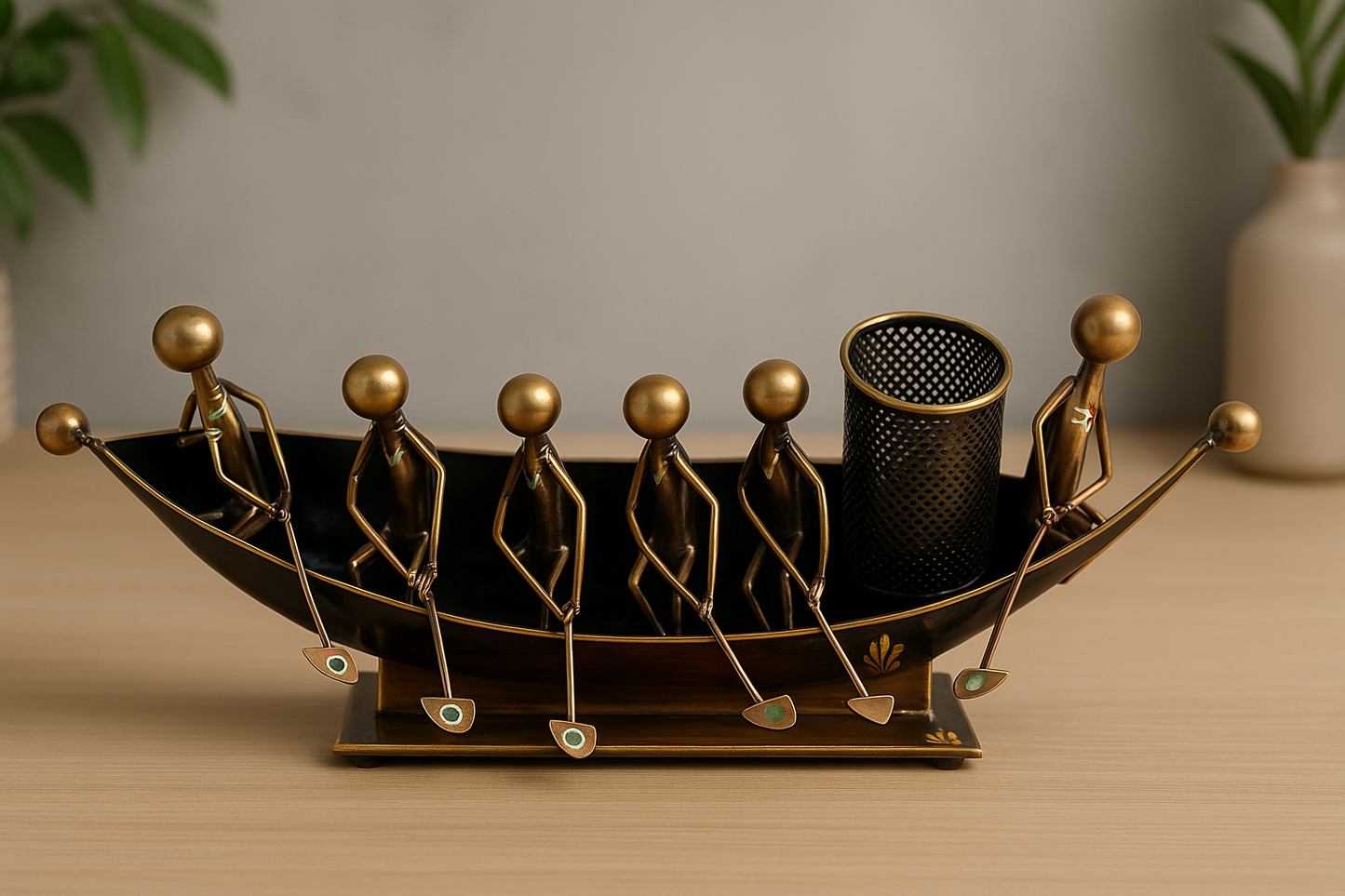 Handcrafted Metallic Boat-Themed Tabletop Art with Pen Stand – 16 Inch