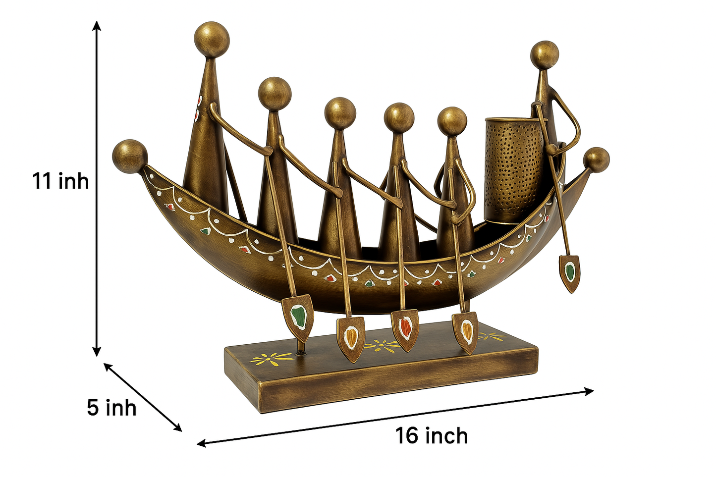 Handcrafted Metallic Boat-Themed Tabletop Art with Pen Stand – 16 Inch