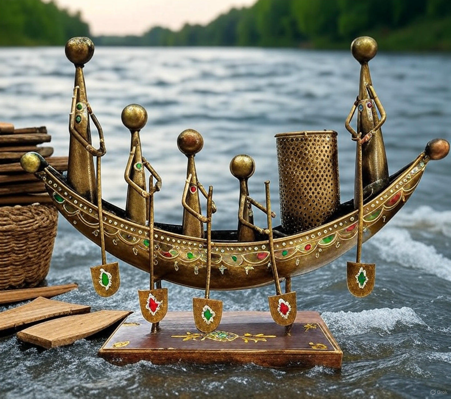 Handcrafted Metallic Boat-Themed Tabletop Art with Pen Stand – 16 Inch