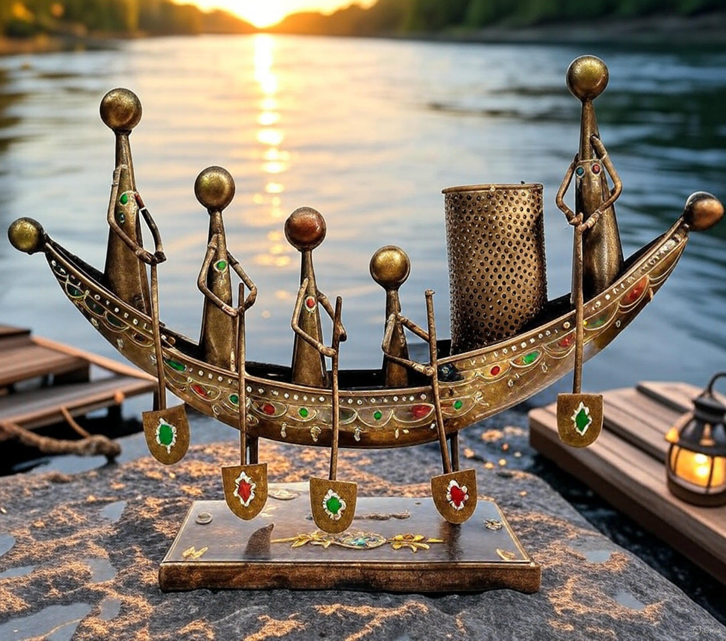 Handcrafted Metallic Boat-Themed Tabletop Art with Pen Stand – 16 Inch