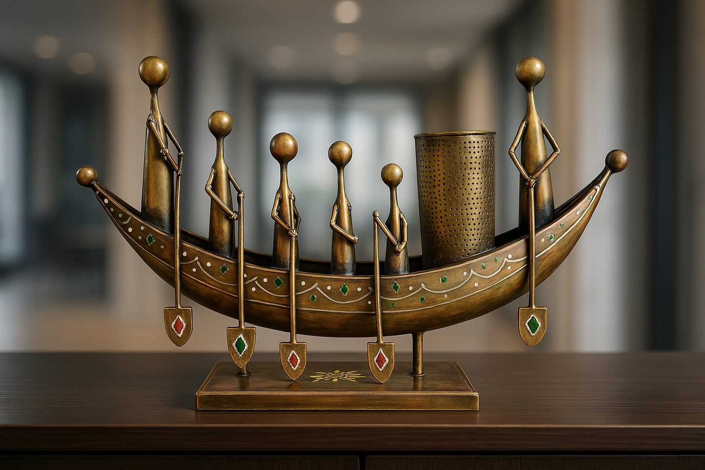 Handcrafted Metallic Boat-Themed Tabletop Art with Pen Stand – 16 Inch
