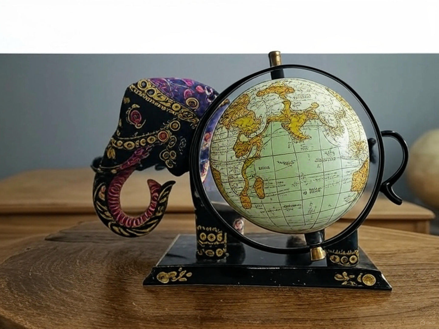 Handcrafted Elephant-Themed Globe Tabletop