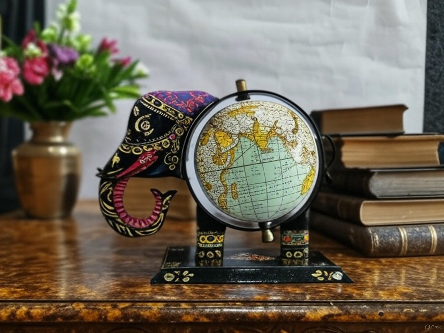 Handcrafted Elephant-Themed Globe Tabletop